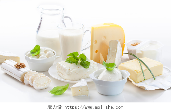 白色背景上的奶制品奶类产品的分配